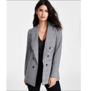 Bar III Glen Plaid Open Front Longline Blazer Women’s Size 12 Gray Check